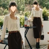 Ourier Cream Apricot Lace Chiffon blouse for Women's Early Autumn 2025 New French brushed square neck mini blouse details Picture